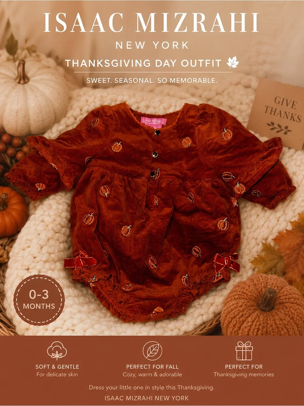 Isaac Mizrahi Rust Velvet Baby Romper with Pumpkin Embroidery